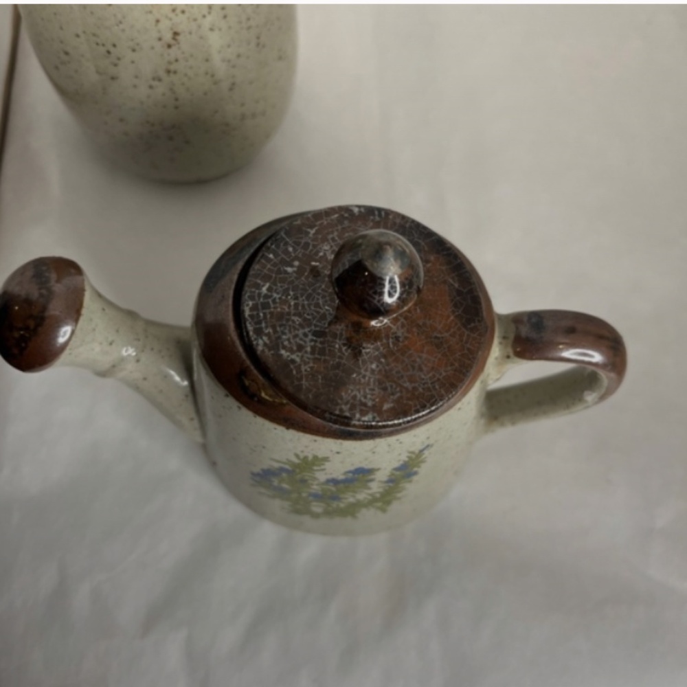 Vintage Takahashi Stoneware Gray Speckled 3 Pc Set with Blue Flowers Japan RARE - Picture 4 of 10